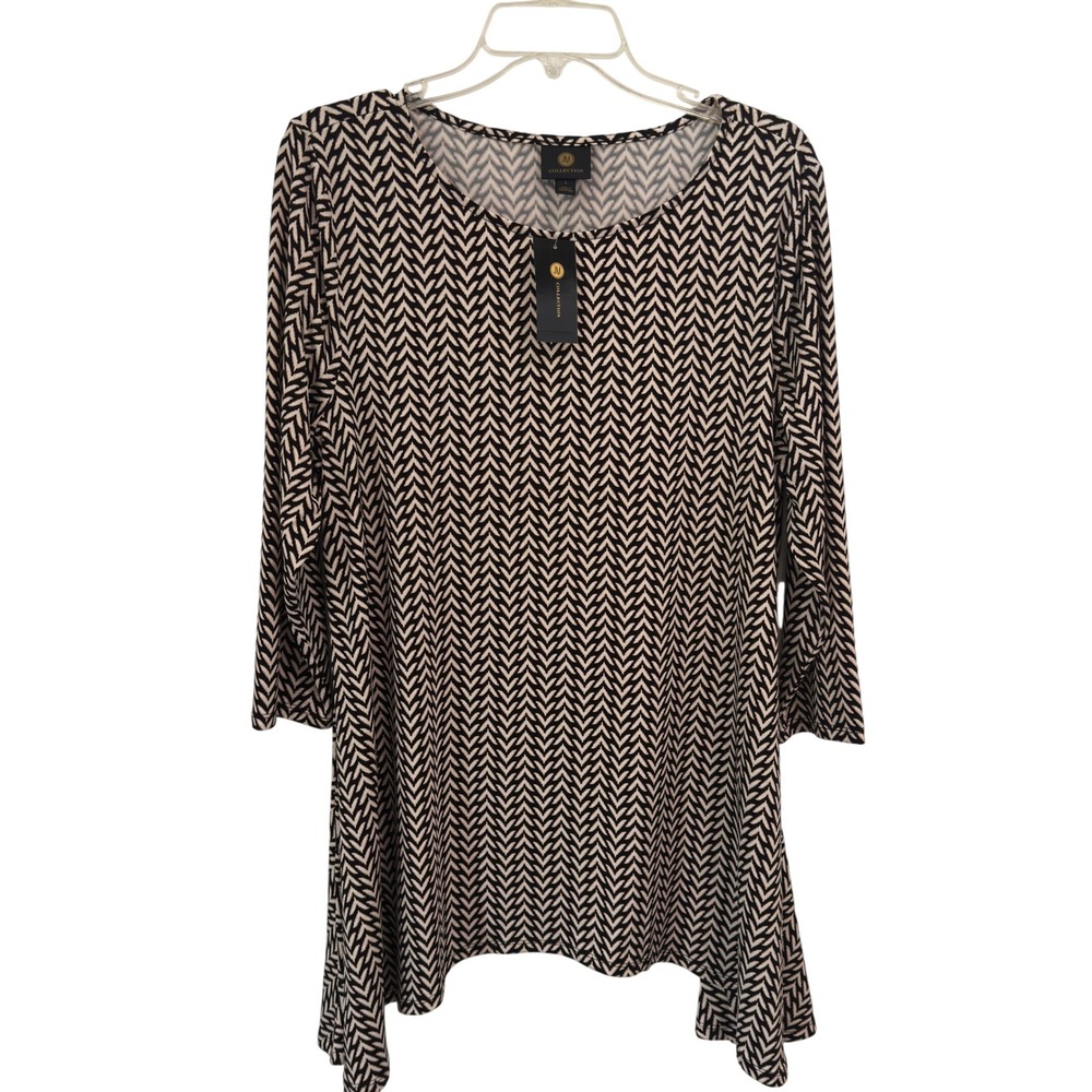 JM Collection Tunic Top Black Cream Geometric Chevron Knit Large NWT Mod